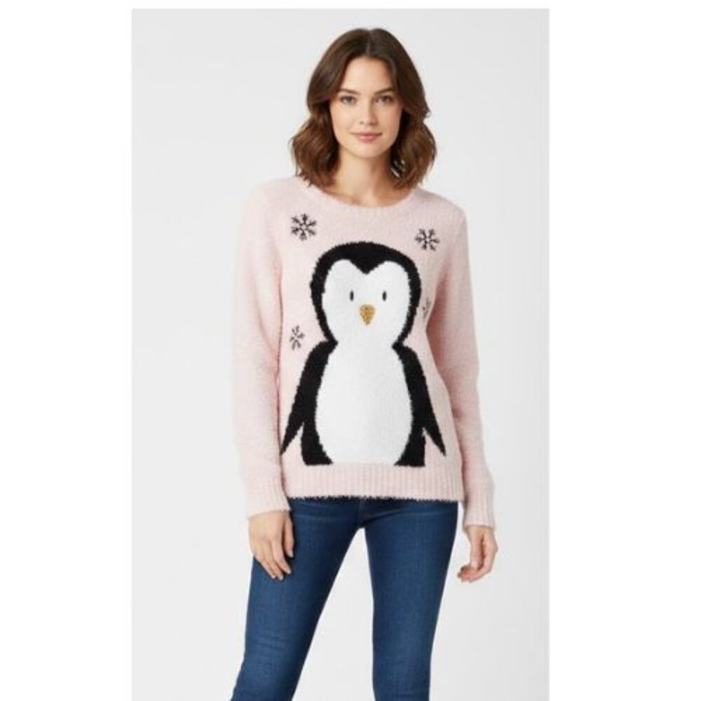 Forever And Ever Pink Fuzzy Sweater with Penguin and Snowflakes Child Large 14